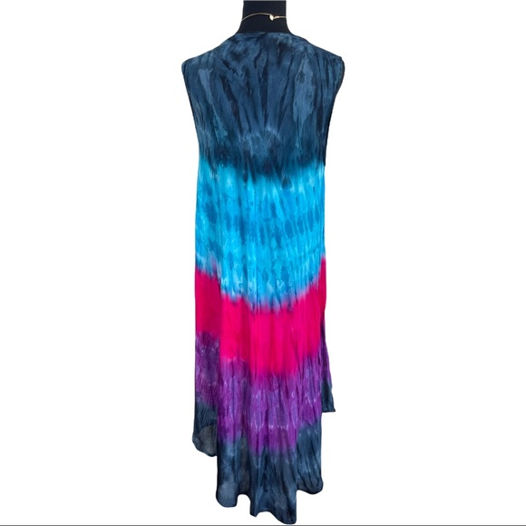 Shiva fashions Multi tie dye color midi sleeveless boho asymmetric dress - Picture 3 of 8